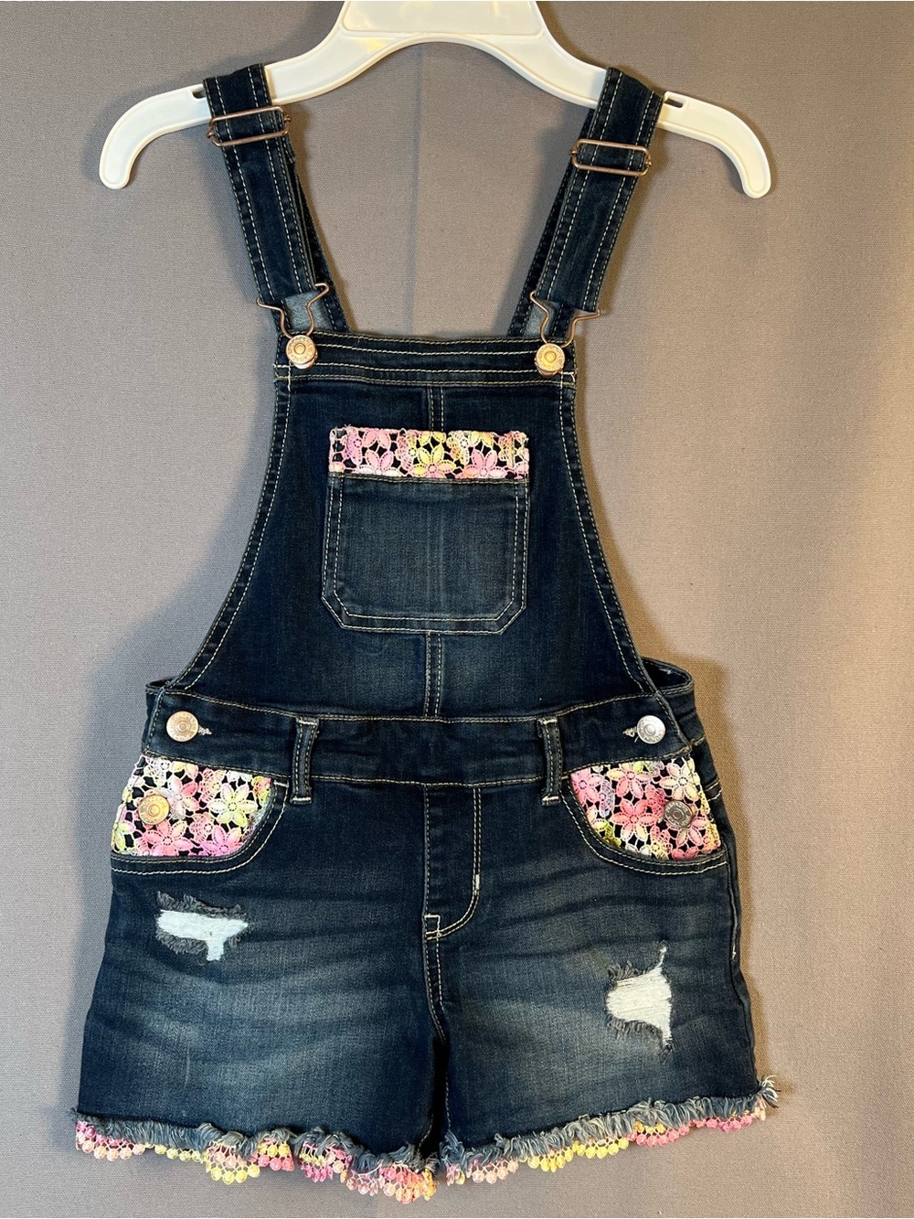 Jordache Dark Wash Denim Short Overalls w/ Colorful Floral Lace Trim Shortalls